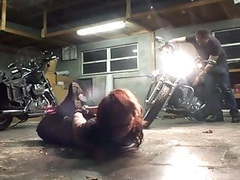 Lingerie Mania presents: Biker girl hogtied in the garage