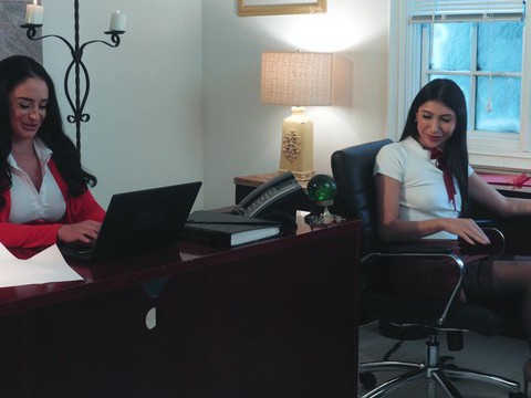 Lingerie Mania presents: Big butt boss spreads legs to ride her coworker on the bed