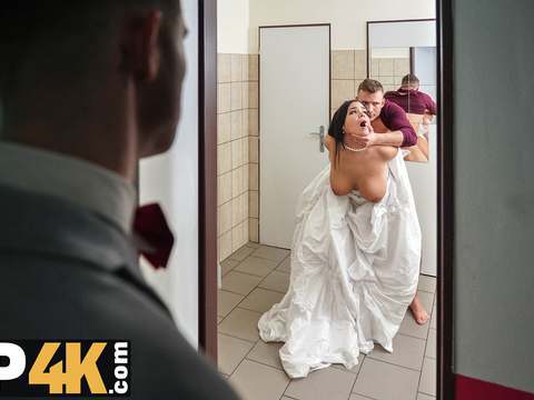 Lingerie Mania presents: Vip4k. being locked in the bathroom, sexy bride doesnt lose time and seduces random guy