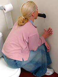 Lingerie Mania presents: Blonde girl Jamie sits on the toilet and blows a black gloryhole dong