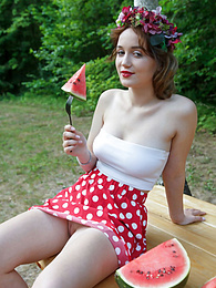 Lingerie Mania presents: Nice belarusian stunner Rokki removes all clothes on a blanket in a backyard