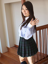 Lingerie Mania presents: Asian schoolgirl Tomoyo Hoshino strips to stockings and poses outdoors